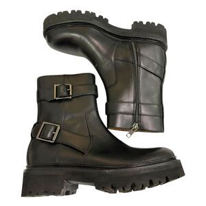 Grenson Natasha Black Leather Buckle Zip Up Combat Biker Boots